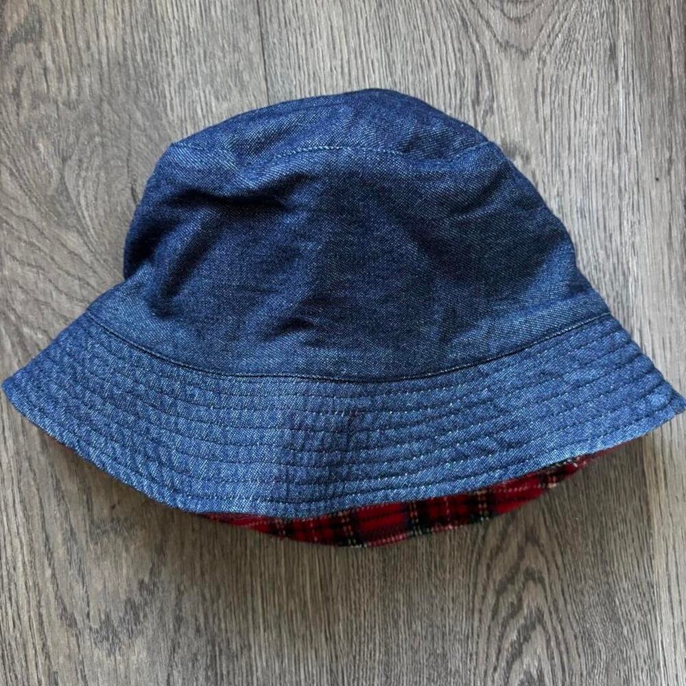 Reversible Blue Denim Red Tartan Plaid Bucket Hat 90s Y2K Clueless
